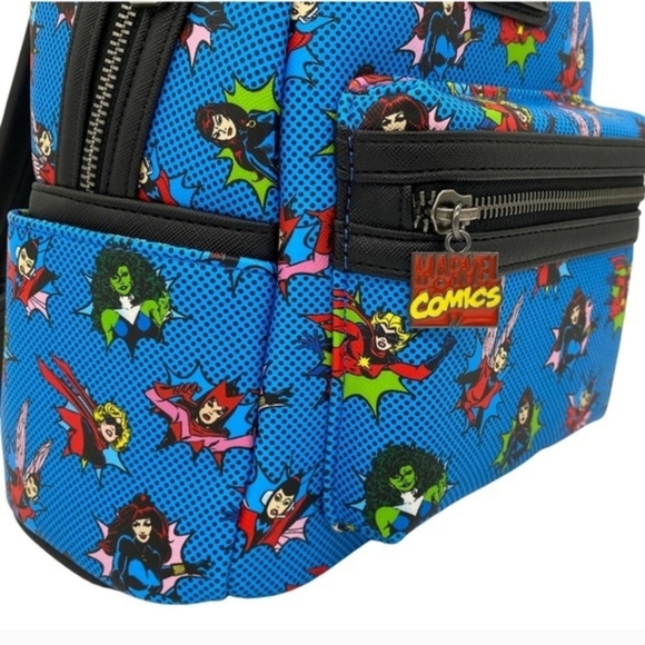 Loungefly Blue Marvel Superhero Mini Backpack with Multicolor Comic Print Nwt